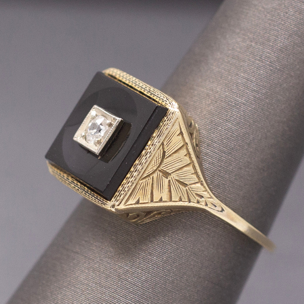 Darling Art Deco Old Mine Cut Diamond and Onyx Square Ring in 14k Yellow Gold