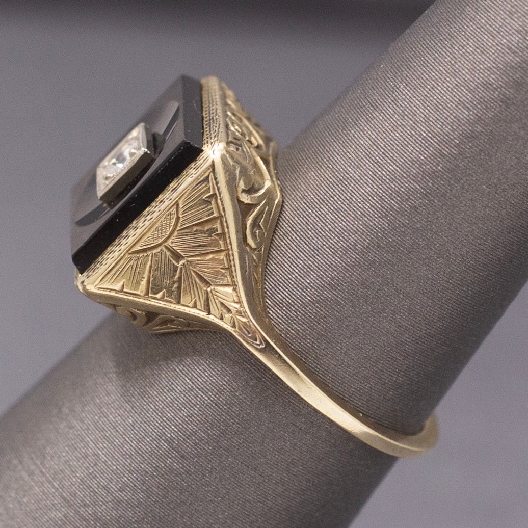 Darling Art Deco Old Mine Cut Diamond and Onyx Square Ring in 14k Yellow Gold