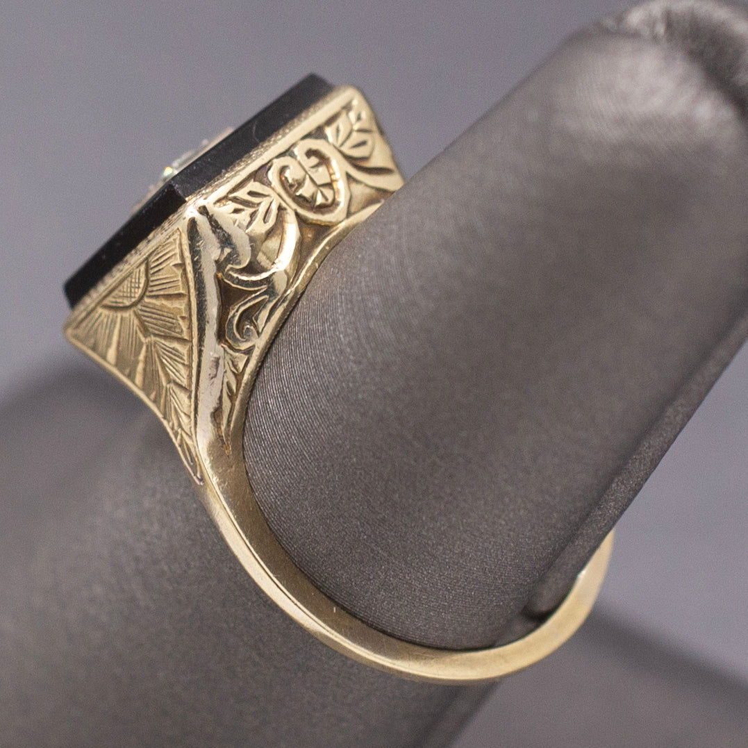 Darling Art Deco Old Mine Cut Diamond and Onyx Square Ring in 14k Yellow Gold