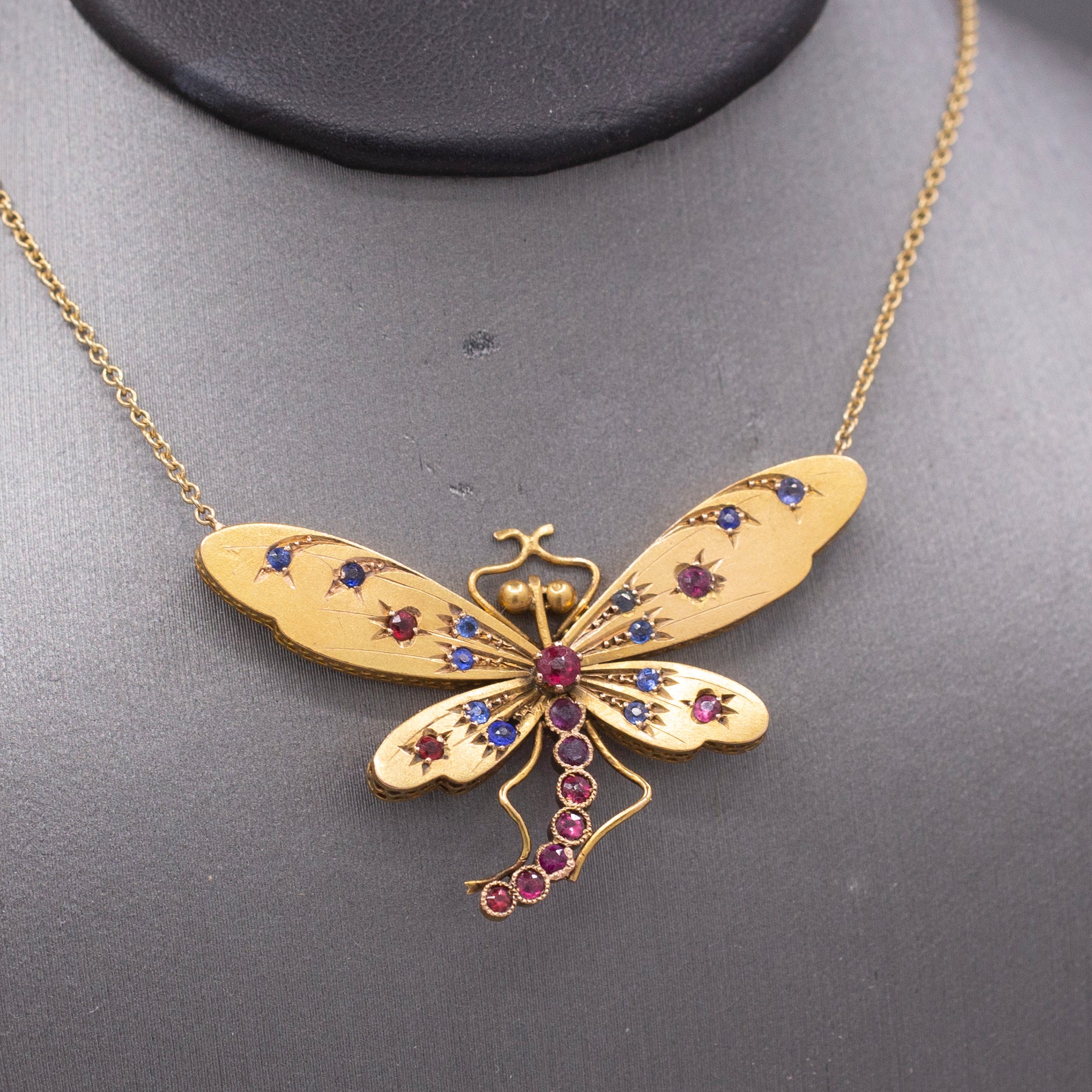 Stunning Antique Victorian Ruby and Sapphire Dragonfly Necklace in 14k Yellow Gold