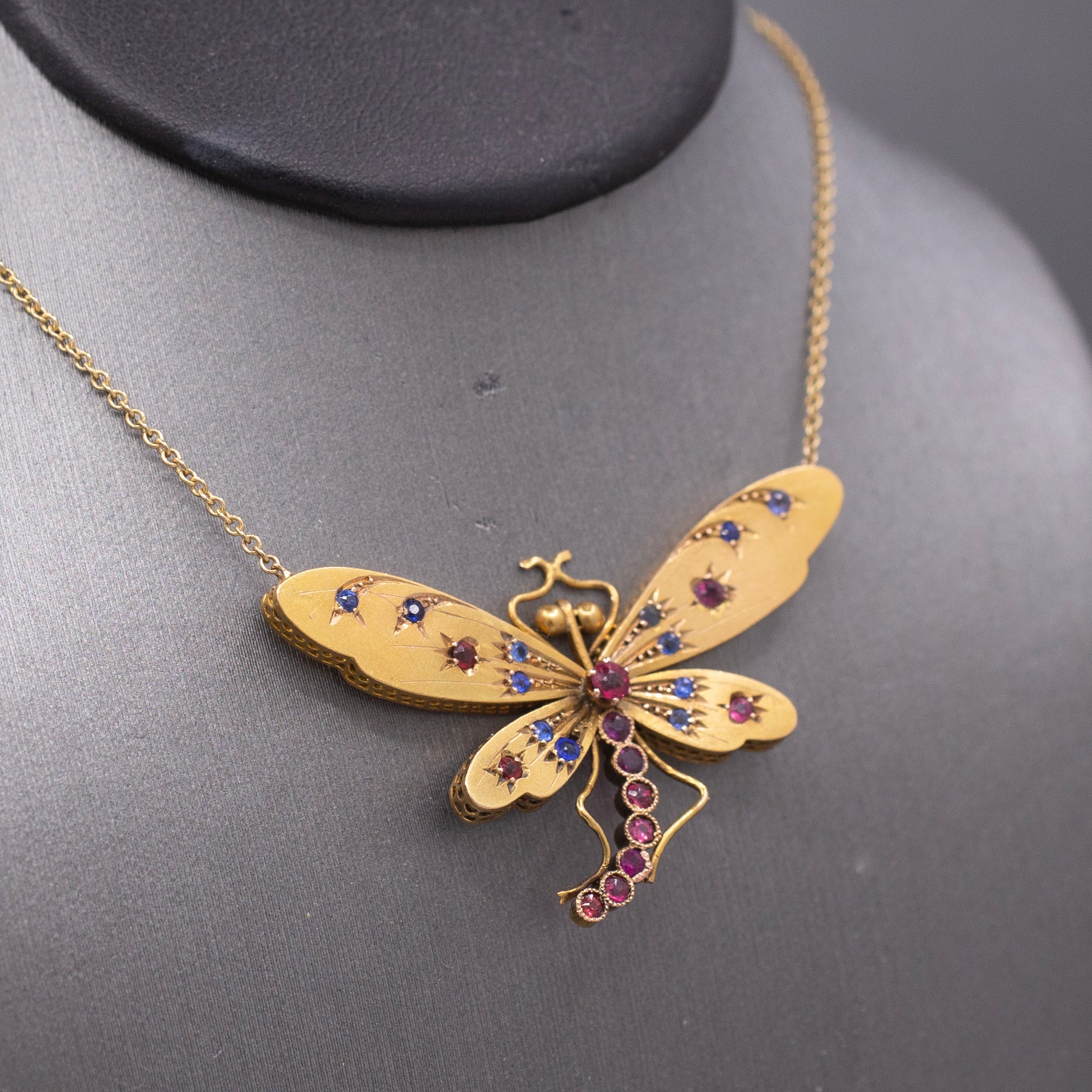 Stunning Antique Victorian Ruby and Sapphire Dragonfly Necklace in 14k Yellow Gold