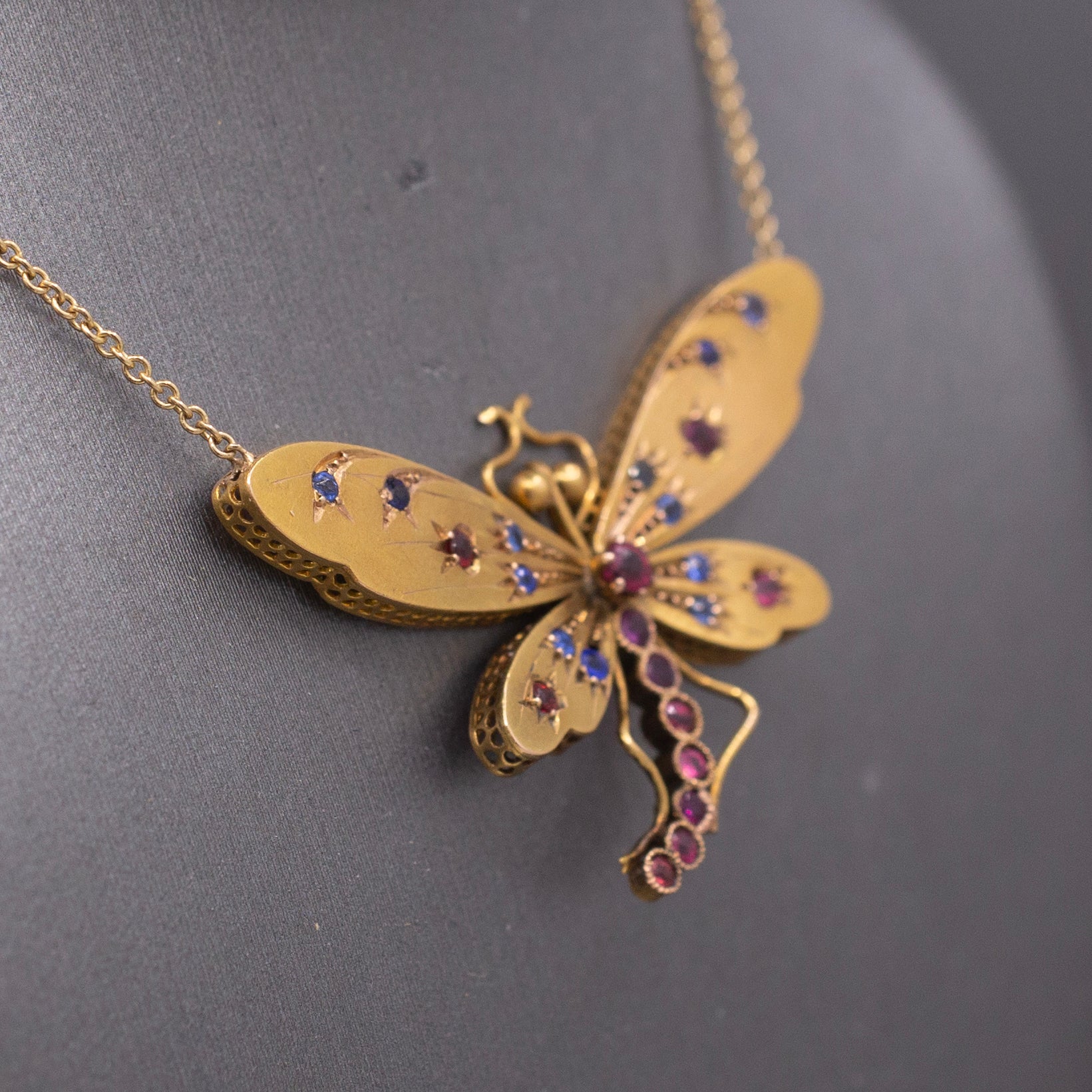 Stunning Antique Victorian Ruby and Sapphire Dragonfly Necklace in 14k Yellow Gold