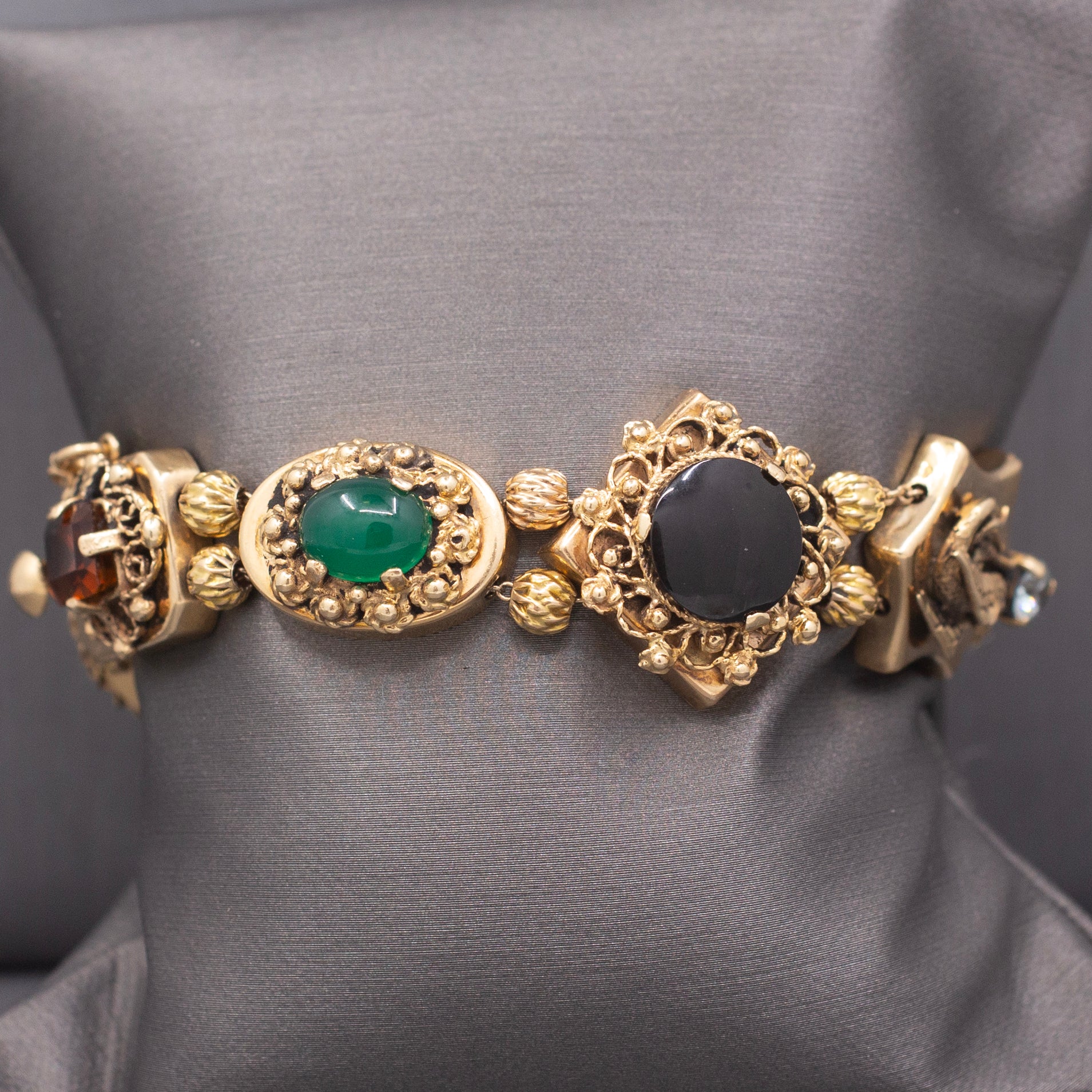 Vintage Retro Gemstone Slide Bracelet in 14k Yellow Gold 7.5"