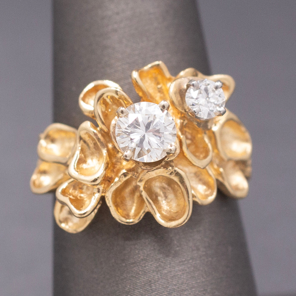 Unique Double Diamond Flower Petal Statement Ring in 14k Yellow Gold