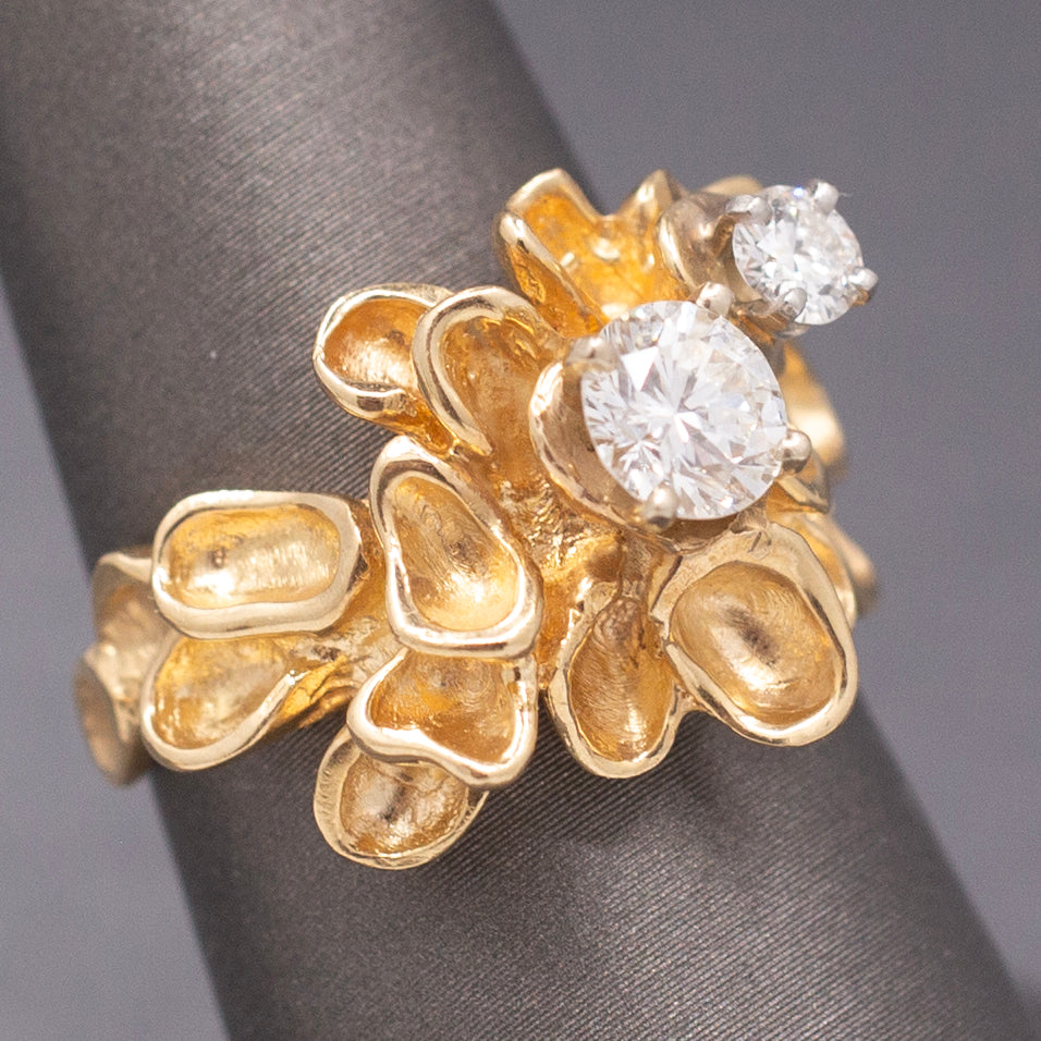 Unique Double Diamond Flower Petal Statement Ring in 14k Yellow Gold