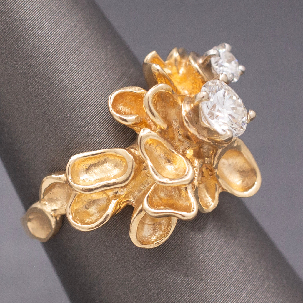 Unique Double Diamond Flower Petal Statement Ring in 14k Yellow Gold