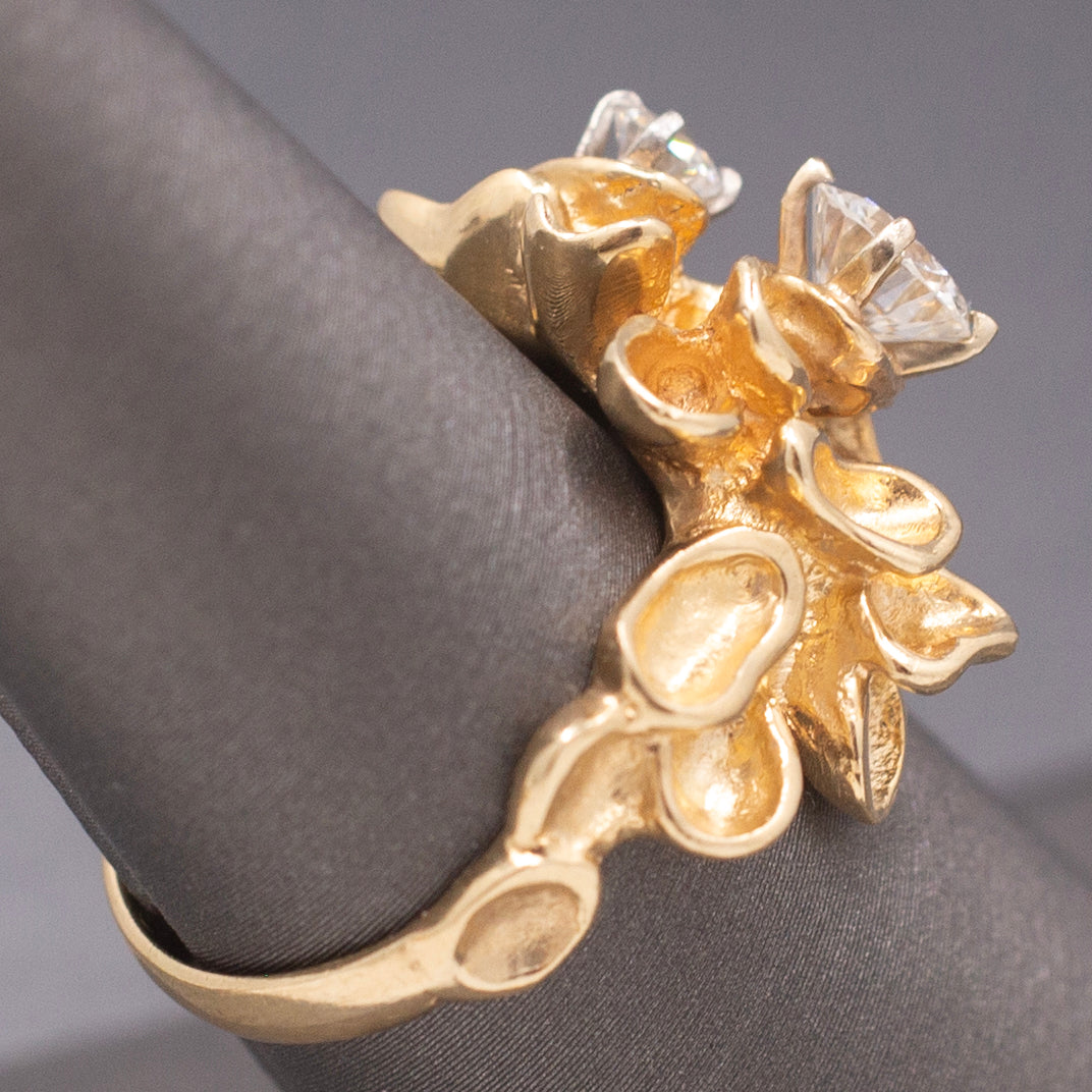 Unique Double Diamond Flower Petal Statement Ring in 14k Yellow Gold