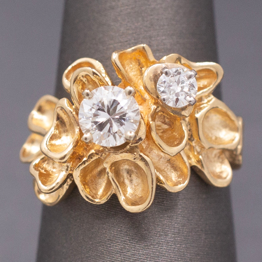 Unique Double Diamond Flower Petal Statement Ring in 14k Yellow Gold