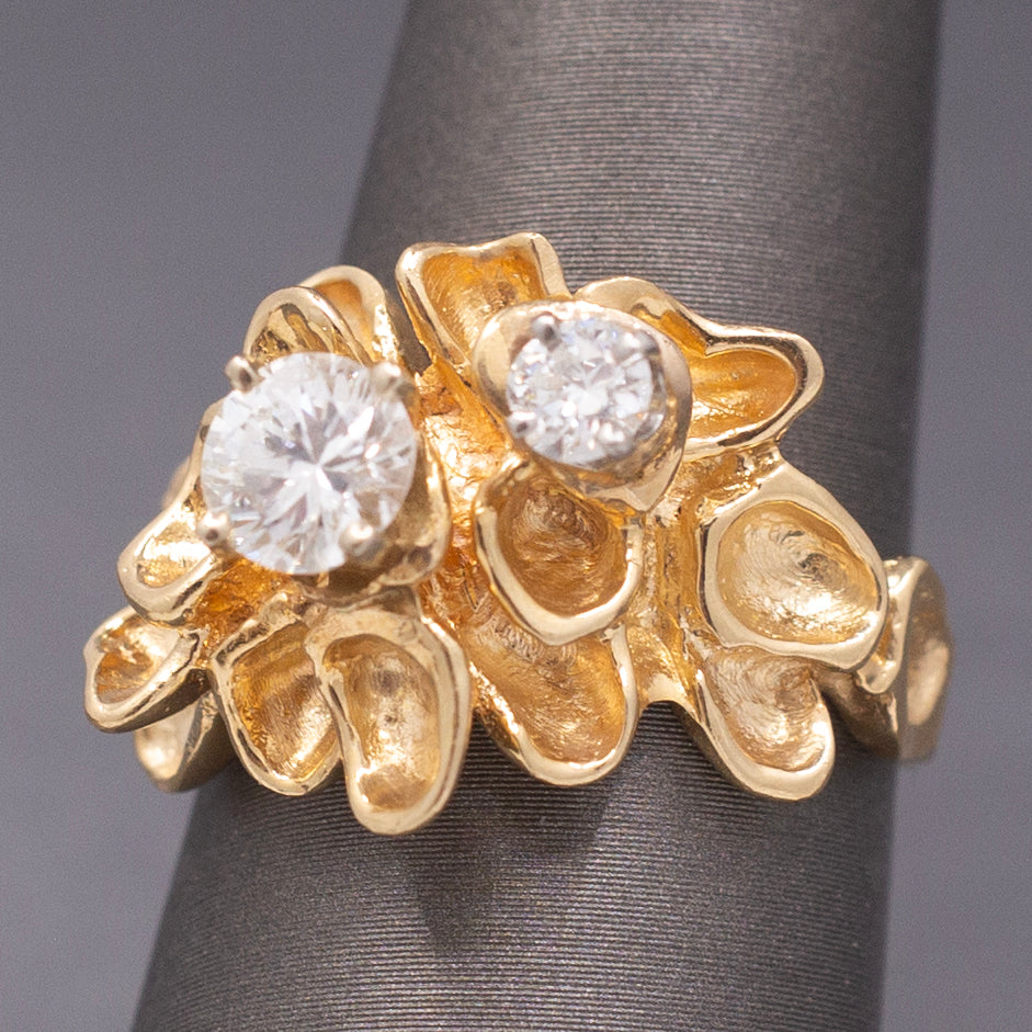 Unique Double Diamond Flower Petal Statement Ring in 14k Yellow Gold