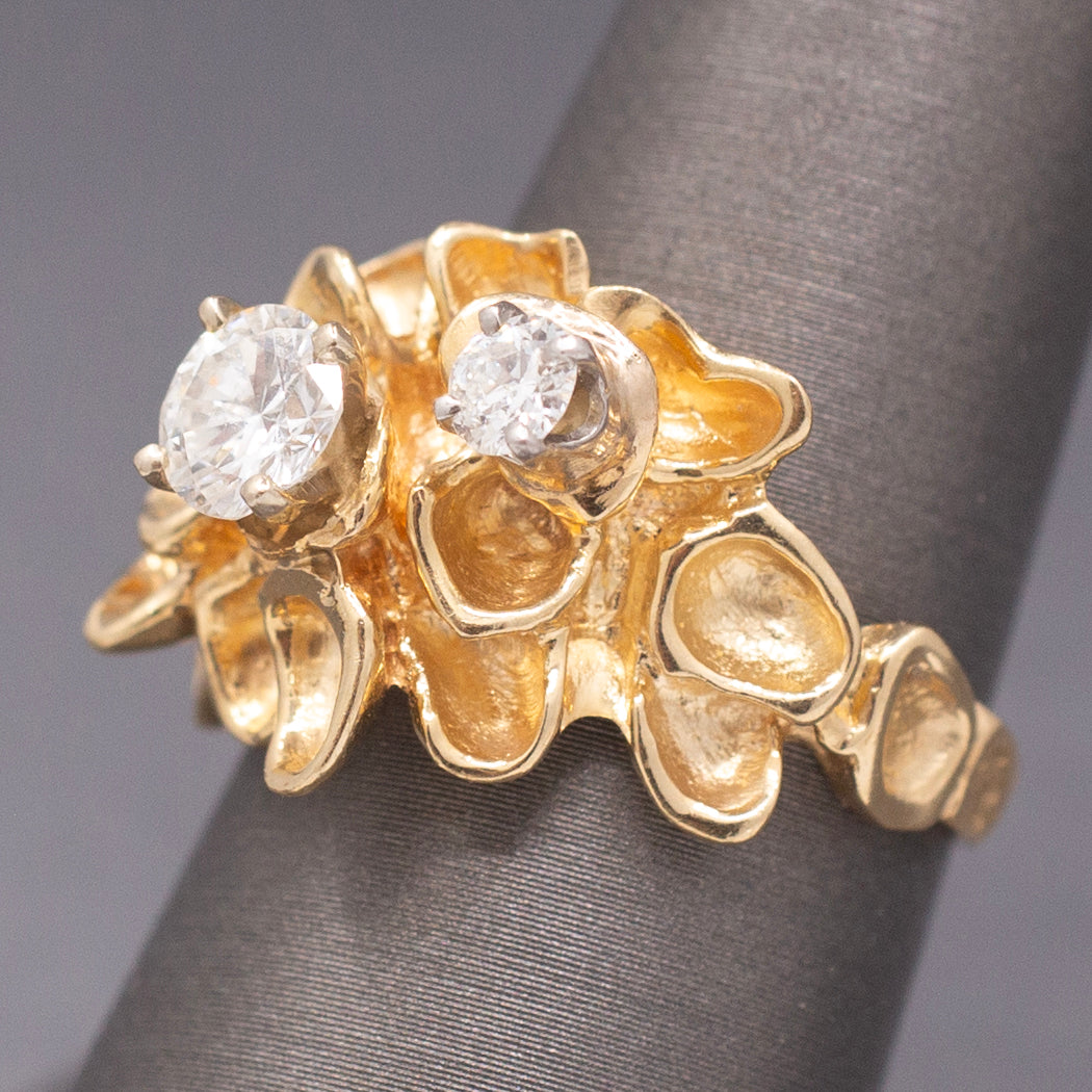 Unique Double Diamond Flower Petal Statement Ring in 14k Yellow Gold