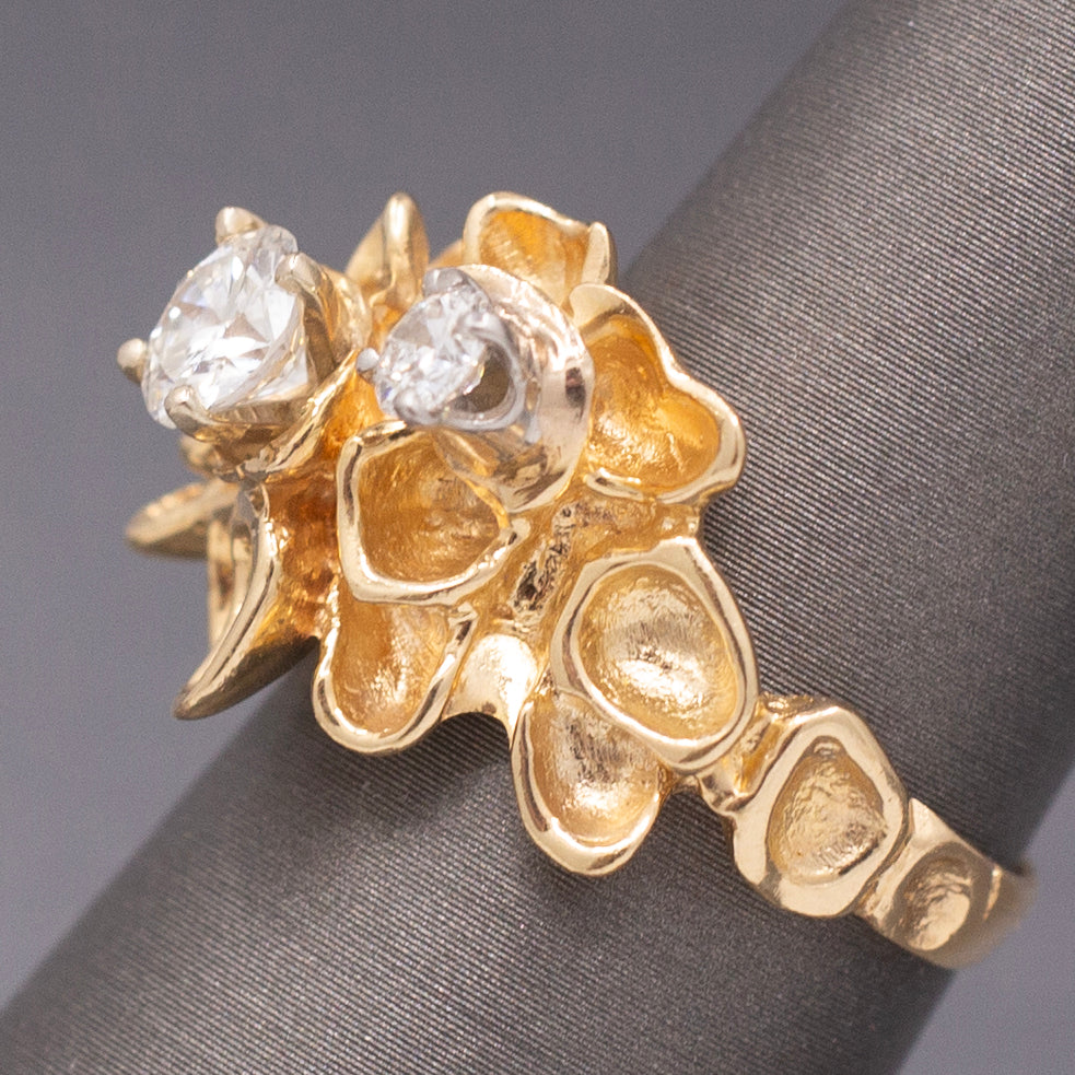 Unique Double Diamond Flower Petal Statement Ring in 14k Yellow Gold