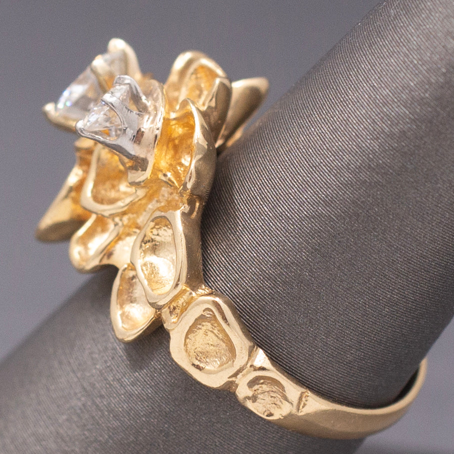 Unique Double Diamond Flower Petal Statement Ring in 14k Yellow Gold