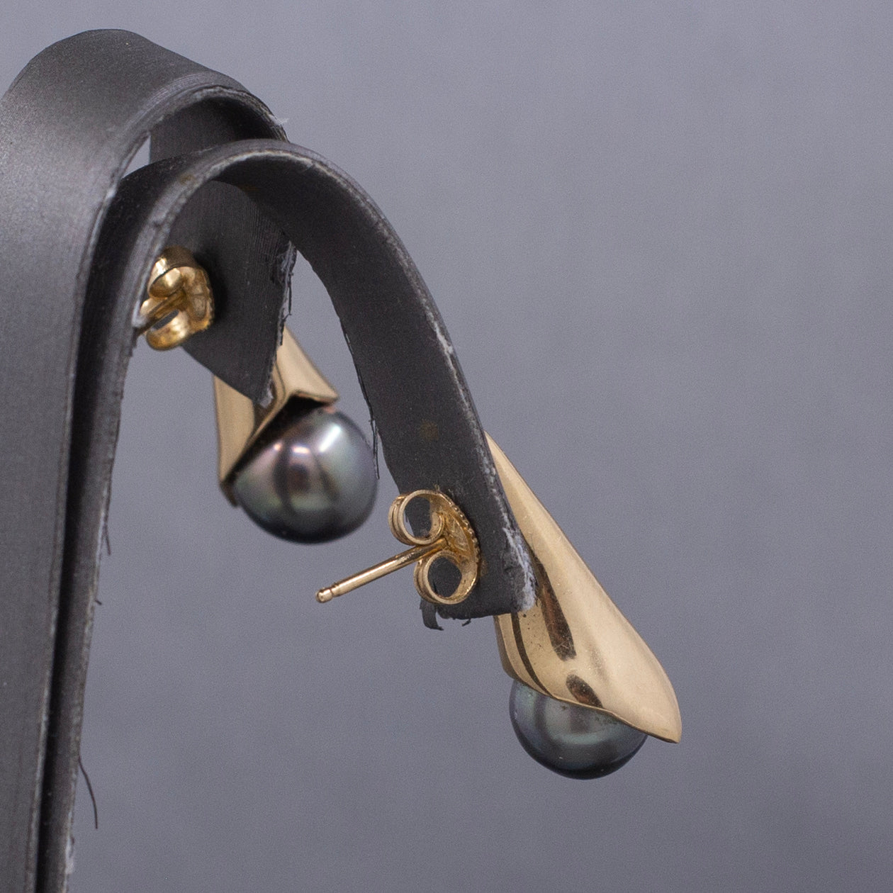 Modern Black Tahitian Pearl Gold Wrap Stud Earrings in 14k Yellow Gold