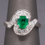 Vintage Vivid Emerald and Diamond Bypass Ring in 14k White Gold