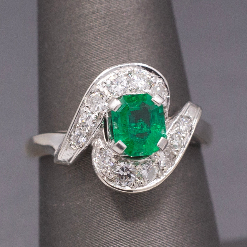 Vintage Vivid Emerald and Diamond Bypass Ring in 14k White Gold