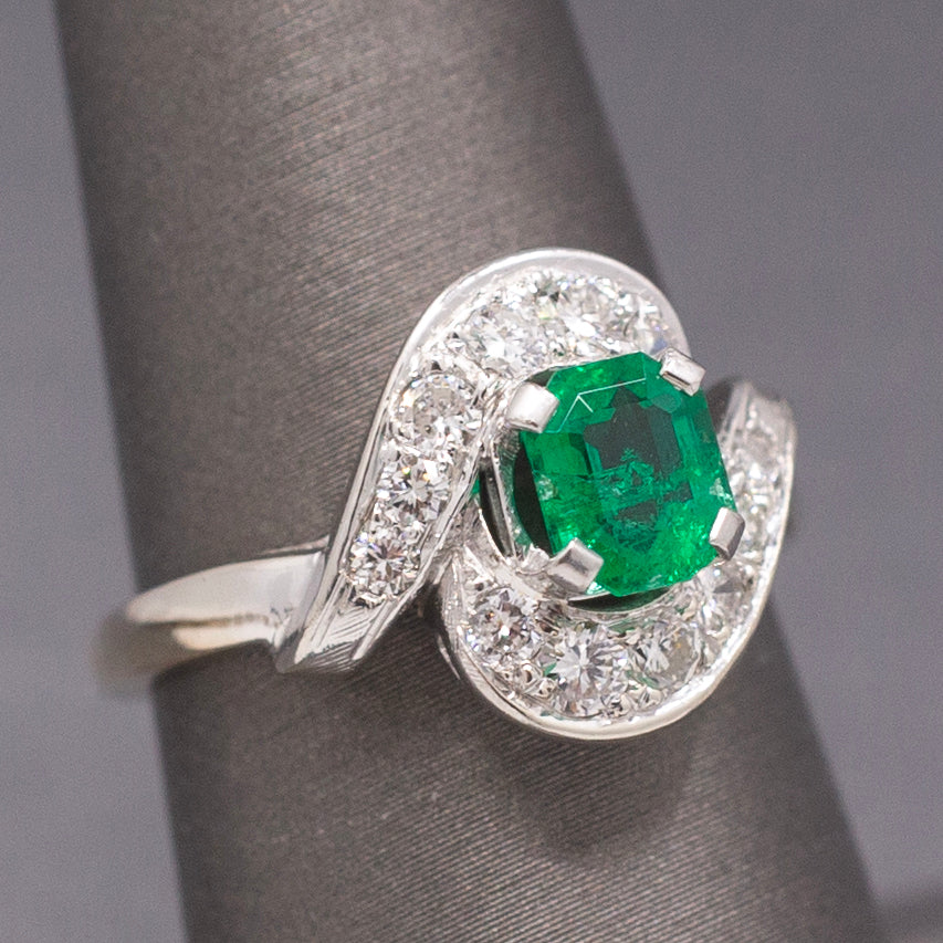 Vintage Vivid Emerald and Diamond Bypass Ring in 14k White Gold