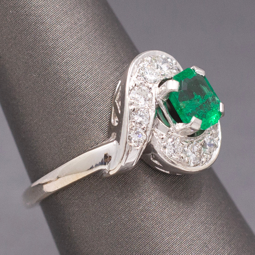 Vintage Vivid Emerald and Diamond Bypass Ring in 14k White Gold