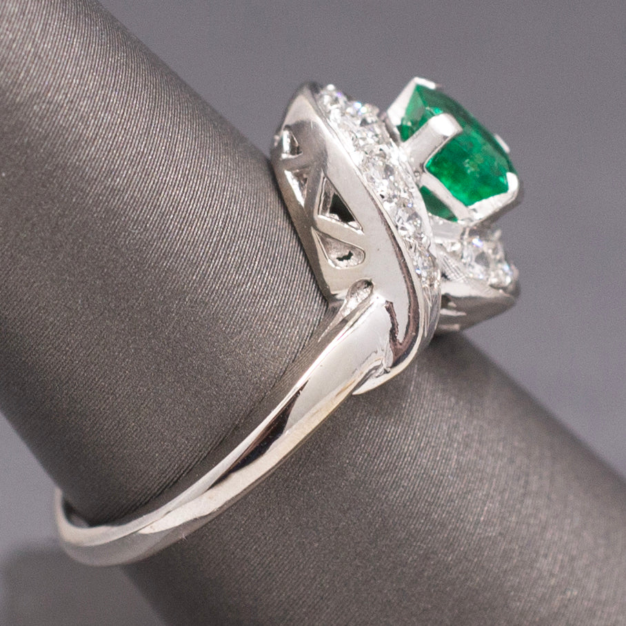 Vintage Vivid Emerald and Diamond Bypass Ring in 14k White Gold