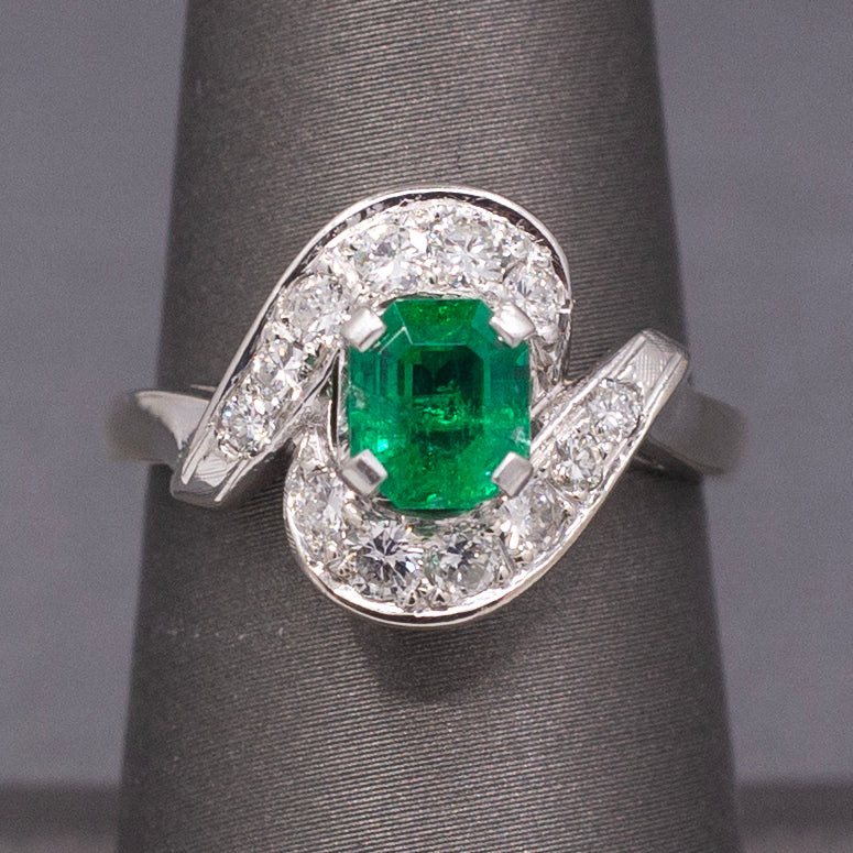 Vintage Vivid Emerald and Diamond Bypass Ring in 14k White Gold