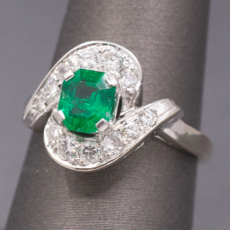 Vintage Vivid Emerald and Diamond Bypass Ring in 14k White Gold