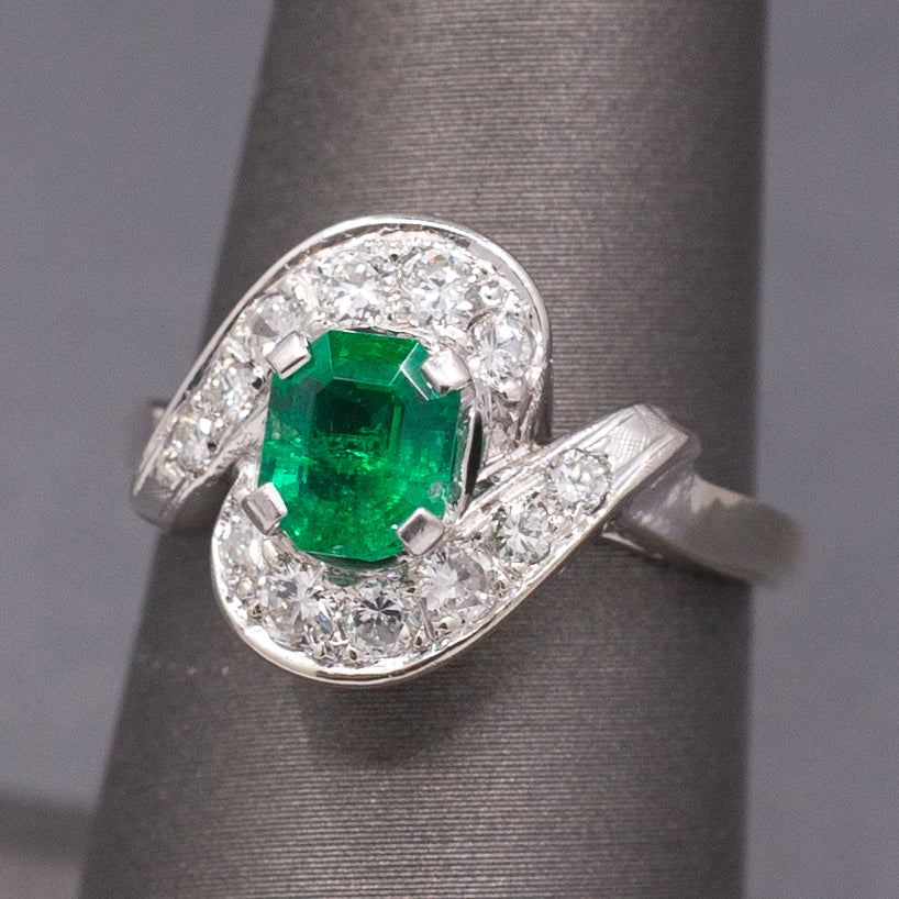 Vintage Vivid Emerald and Diamond Bypass Ring in 14k White Gold