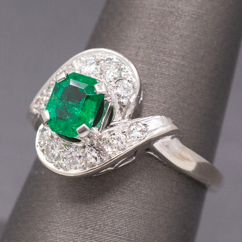 Vintage Vivid Emerald and Diamond Bypass Ring in 14k White Gold