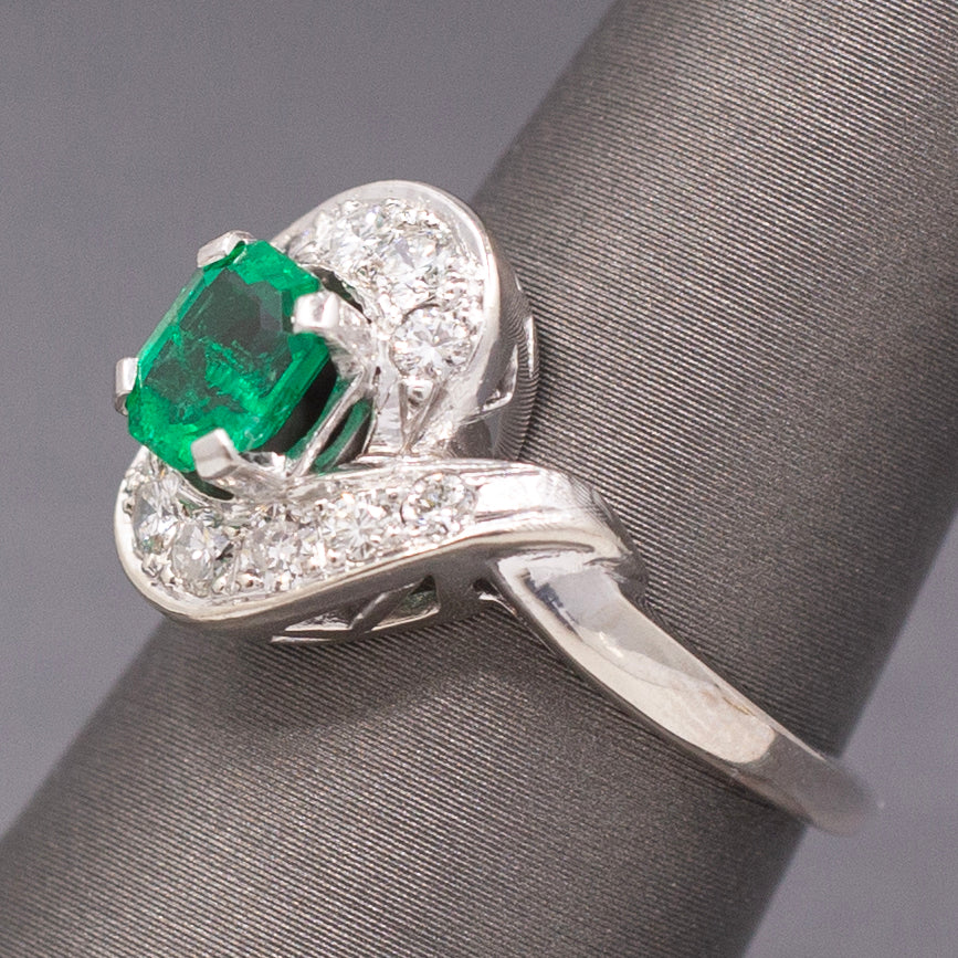 Vintage Vivid Emerald and Diamond Bypass Ring in 14k White Gold