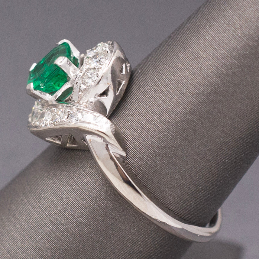 Vintage Vivid Emerald and Diamond Bypass Ring in 14k White Gold