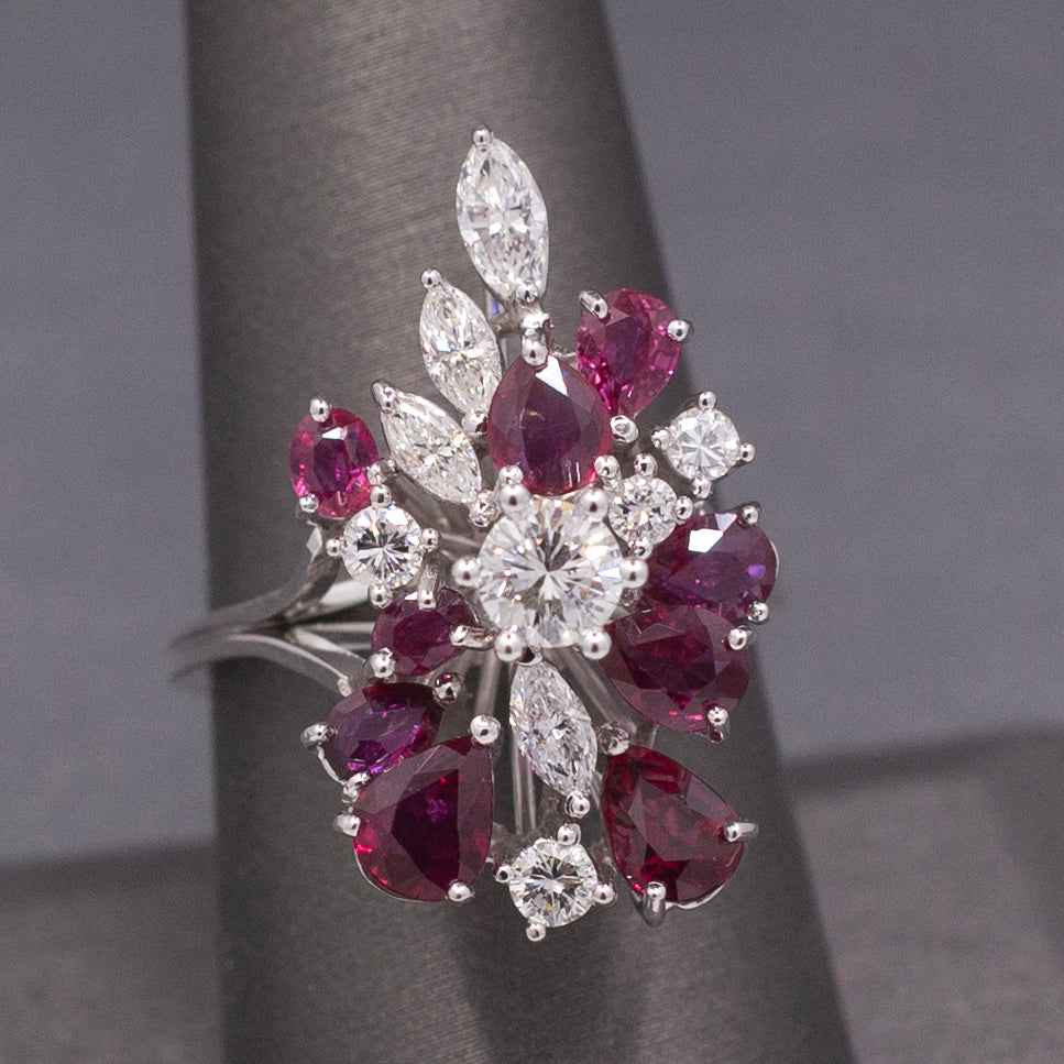 Incredible Ruby and Diamond Cluster Statement Ring in 18k White Gold