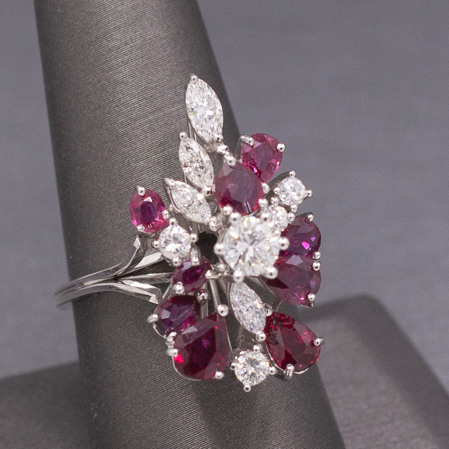 Incredible Ruby and Diamond Cluster Statement Ring in 18k White Gold