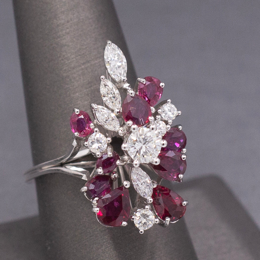Incredible Ruby and Diamond Cluster Statement Ring in 18k White Gold