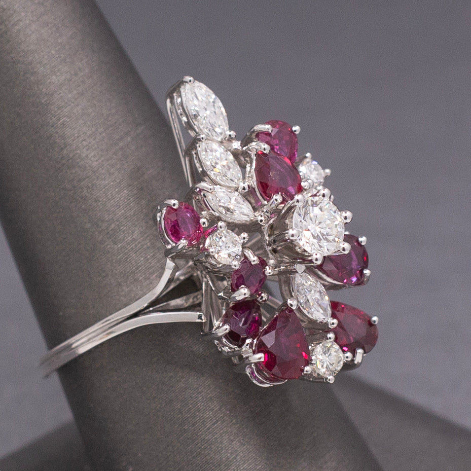 Incredible Ruby and Diamond Cluster Statement Ring in 18k White Gold