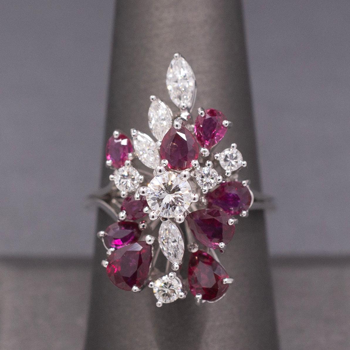 Incredible Ruby and Diamond Cluster Statement Ring in 18k White Gold