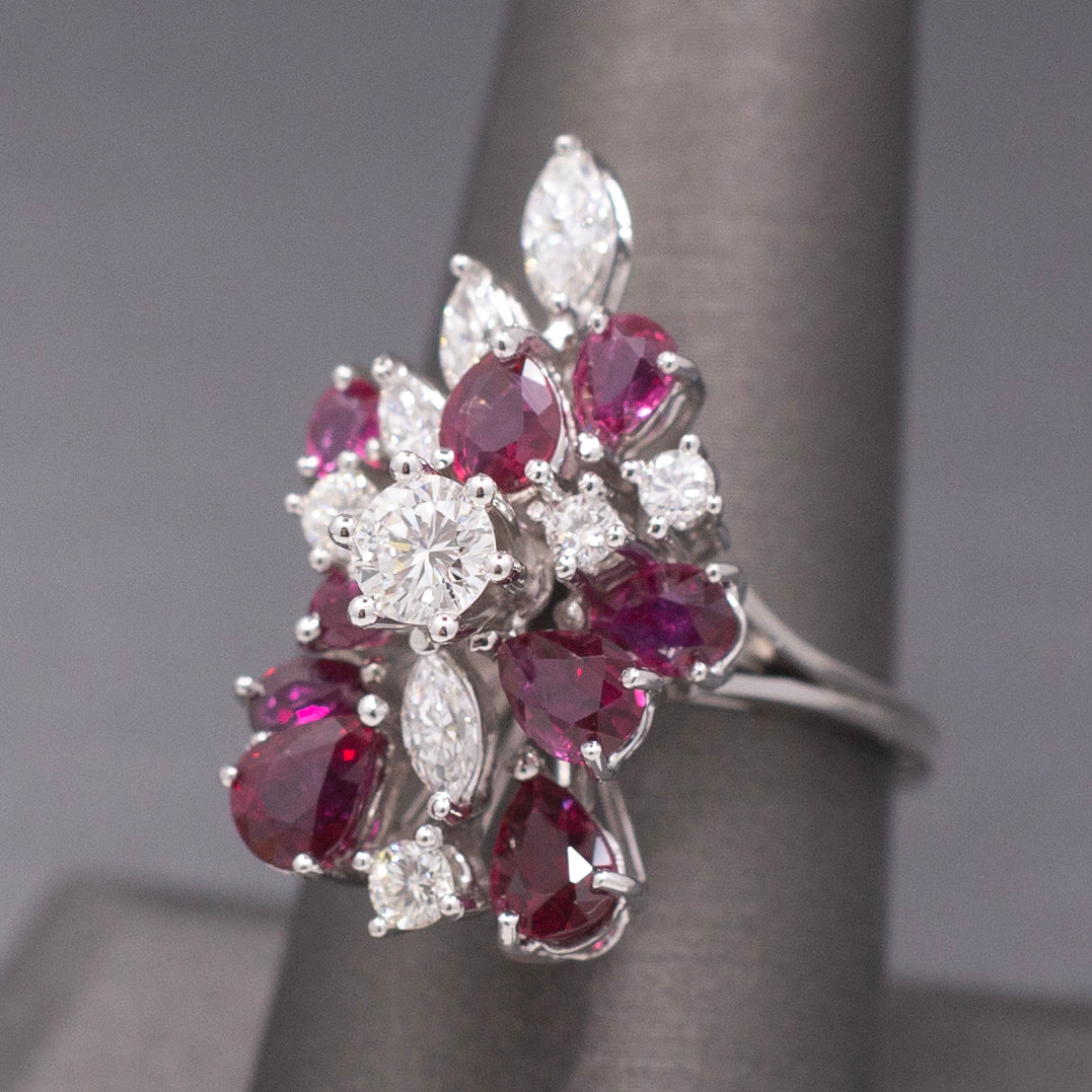 Incredible Ruby and Diamond Cluster Statement Ring in 18k White Gold