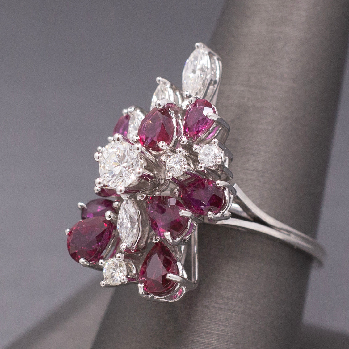 Incredible Ruby and Diamond Cluster Statement Ring in 18k White Gold