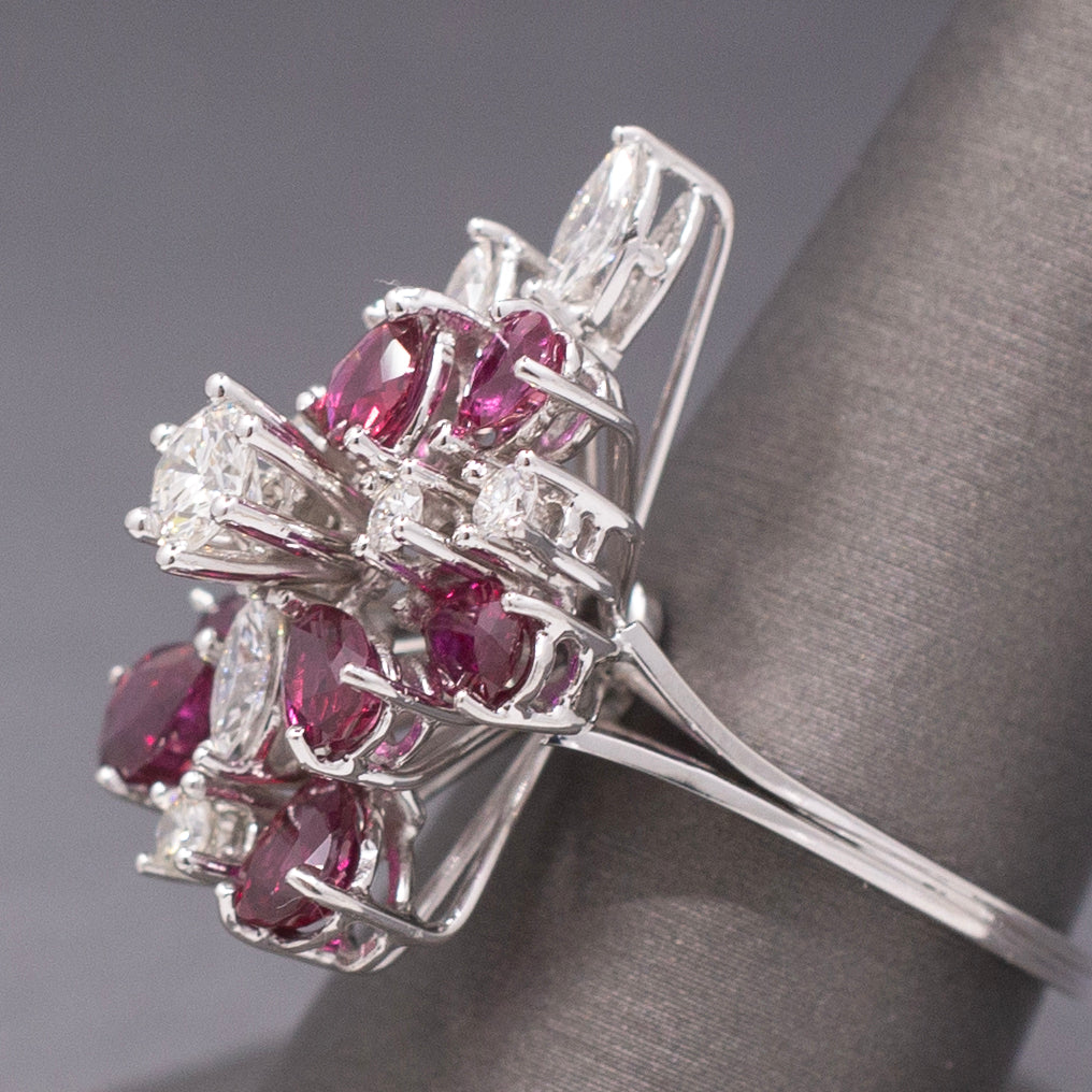 Incredible Ruby and Diamond Cluster Statement Ring in 18k White Gold