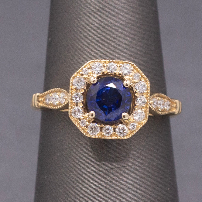 Vintage Sparkling Blue Sapphire and Diamond Octagonal Halo in 14k Yellow Gold