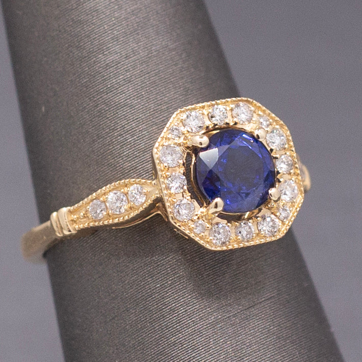 Vintage Sparkling Blue Sapphire and Diamond Octagonal Halo in 14k Yellow Gold
