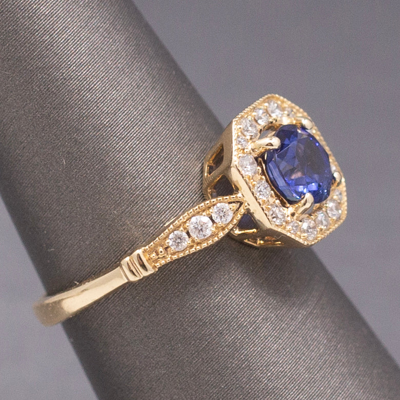 Vintage Sparkling Blue Sapphire and Diamond Octagonal Halo in 14k Yellow Gold