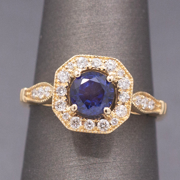 Vintage Sparkling Blue Sapphire and Diamond Octagonal Halo in 14k Yellow Gold