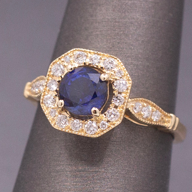 Vintage Sparkling Blue Sapphire and Diamond Octagonal Halo in 14k Yellow Gold