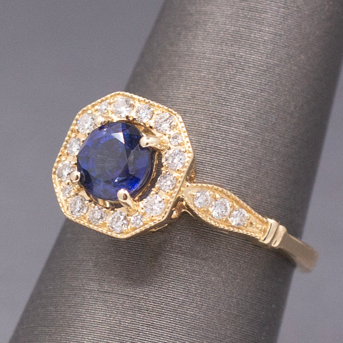 Vintage Sparkling Blue Sapphire and Diamond Octagonal Halo in 14k Yellow Gold