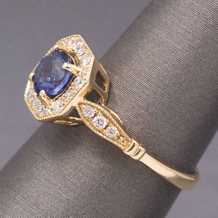 Vintage Sparkling Blue Sapphire and Diamond Octagonal Halo in 14k Yellow Gold