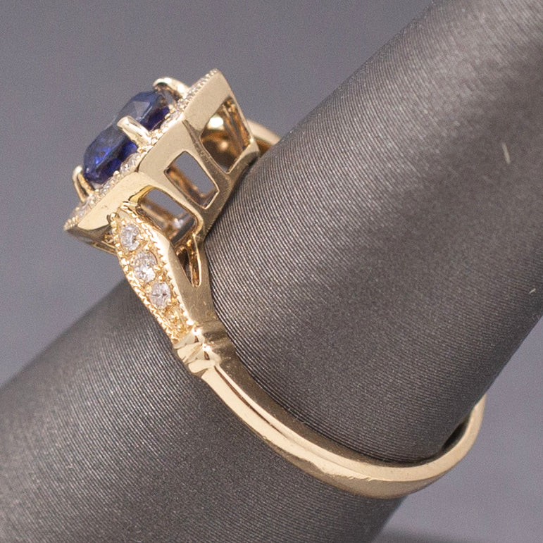 Vintage Sparkling Blue Sapphire and Diamond Octagonal Halo in 14k Yellow Gold