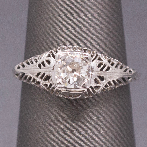 Art Deco Old European Cut Diamond Filigree Floral Engagement Ring in 18k White Gold