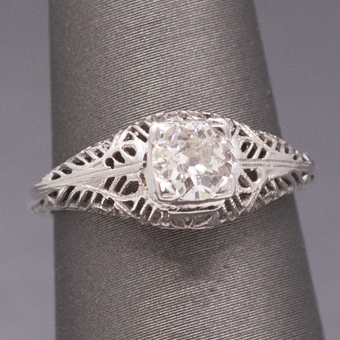 Art Deco Old European Cut Diamond Filigree Floral Engagement Ring in 18k White Gold