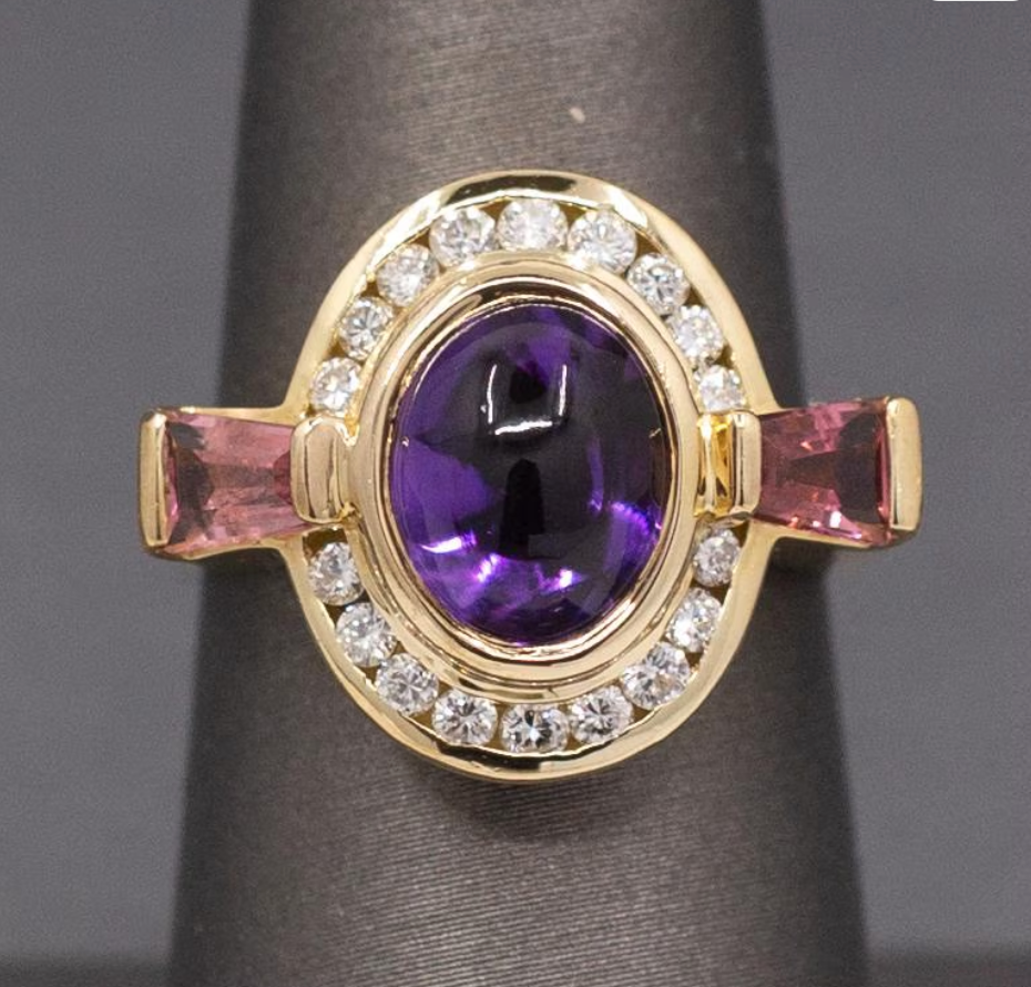 Glowing Amethyst, Pink Tourmaline and Diamond Ring in 18k Yellow Gold