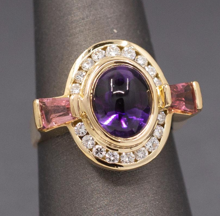 Glowing Amethyst, Pink Tourmaline and Diamond Ring in 18k Yellow Gold