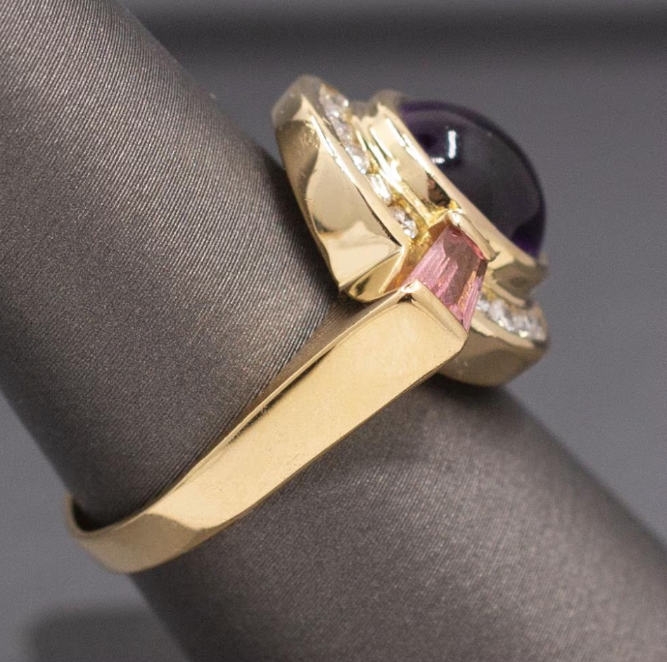 Glowing Amethyst, Pink Tourmaline and Diamond Ring in 18k Yellow Gold