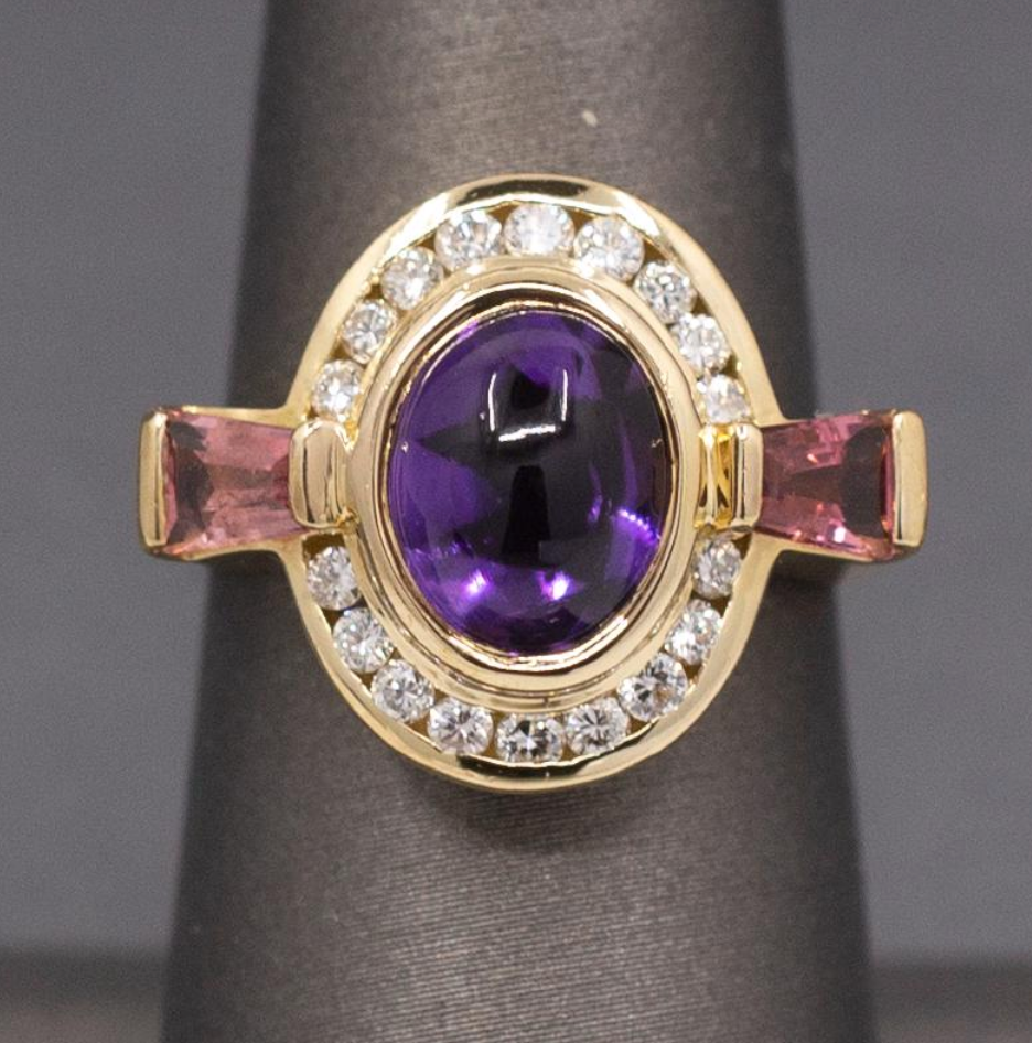 Glowing Amethyst, Pink Tourmaline and Diamond Ring in 18k Yellow Gold